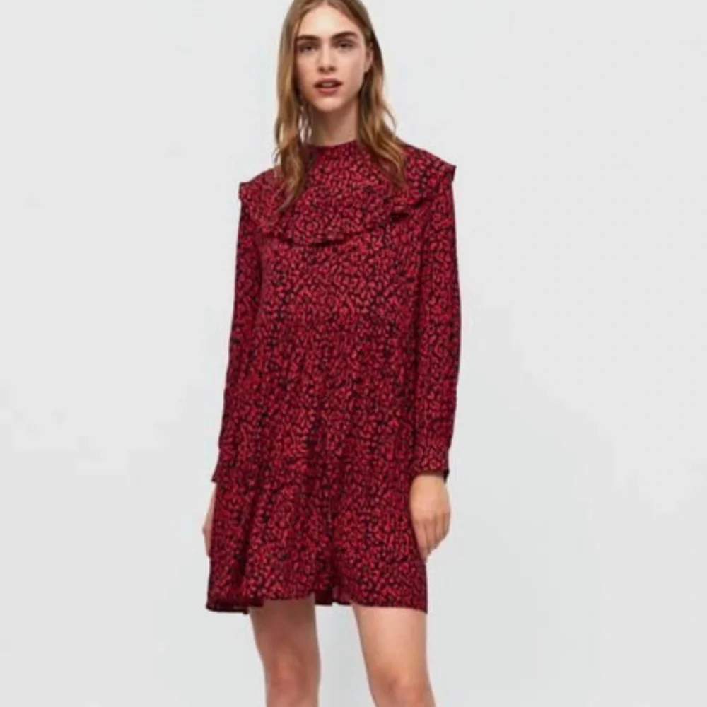 NWOT Zara Red and Black Leopard Animal Print Ruffle Neck Dress